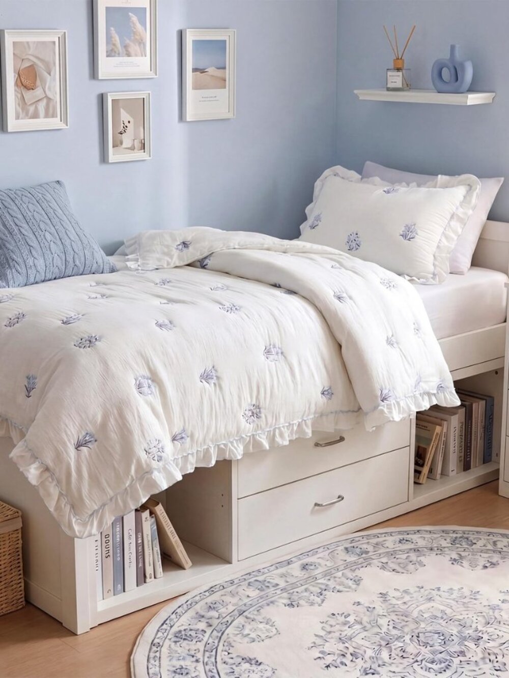 Floral Ruffle Ultra Soft Blue Twin Quilt Set, 2pc